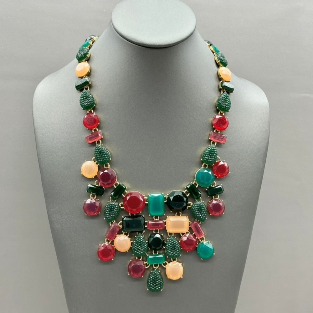 Talbots Necklace Multicolor Jeweled Crystal Gold Tone Statement Bib Signed 20"